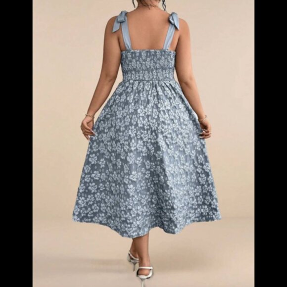 Dusty Blue Corset top Bow-tie Embossed Fit-and-Flare Midi Dress 0XL - Picture 2 of 14
